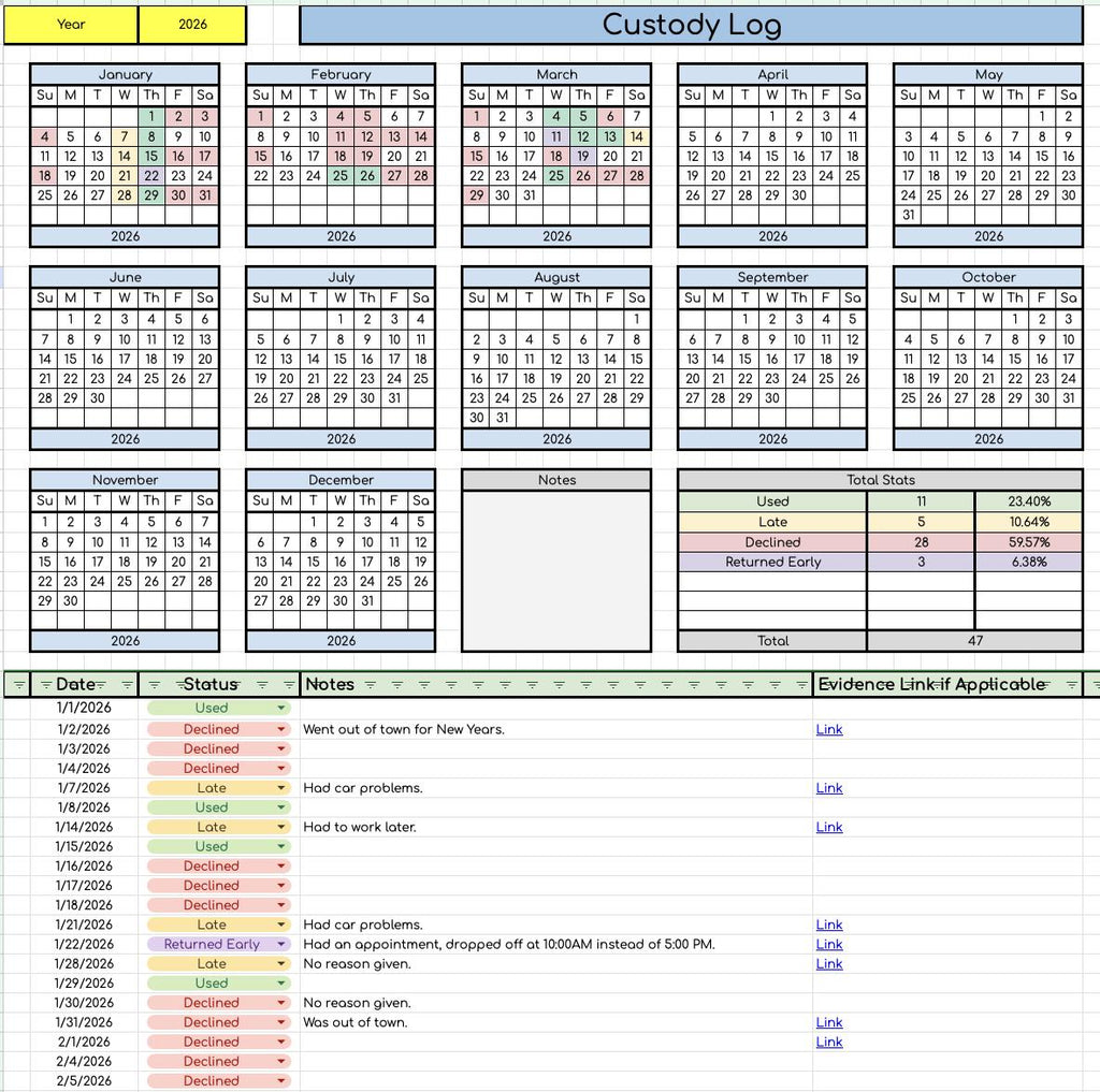 Custody Log Data Sheet- Works for Any Year!