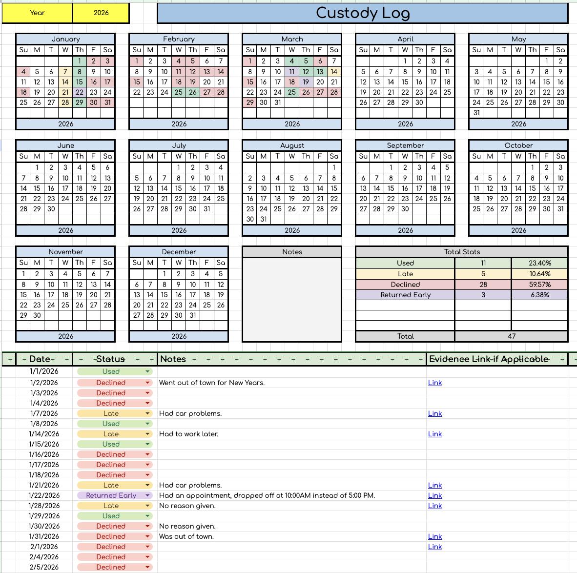 Custody Log Data Sheet- Works for Any Year!
