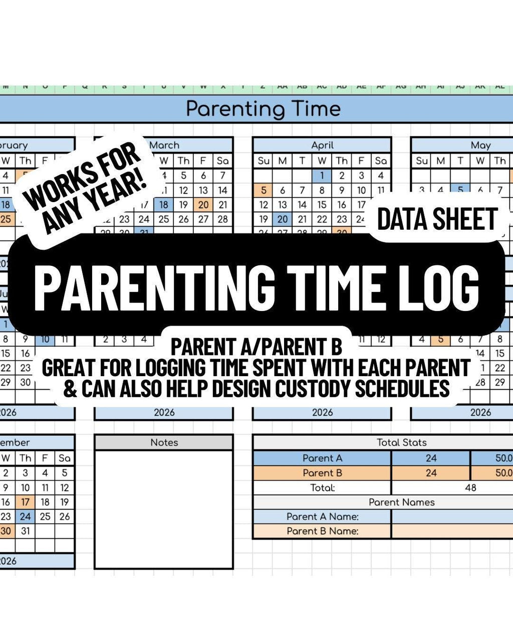 Parenting Time Log Data Sheet- Works for Any Year!