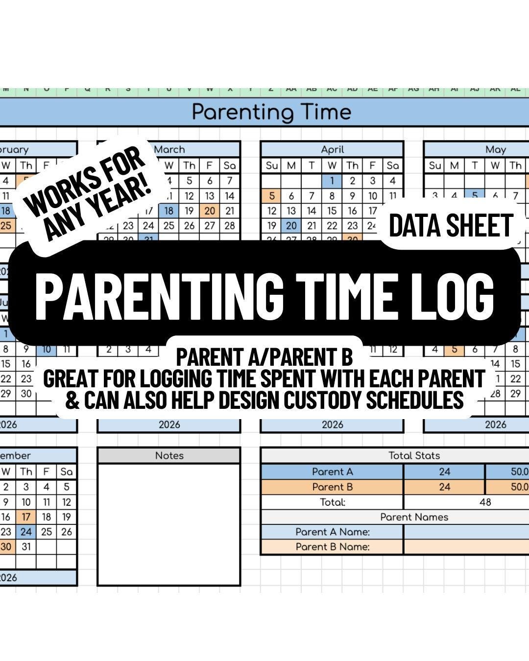 Parenting Time Log Data Sheet- Works for Any Year!