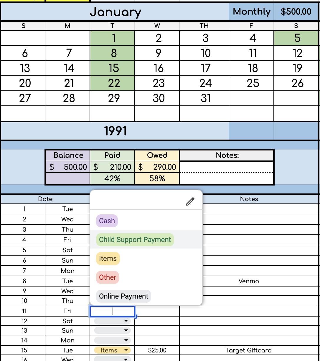 AUTOMATED Child Support Log with Monthly/Yearly Summary Sheets