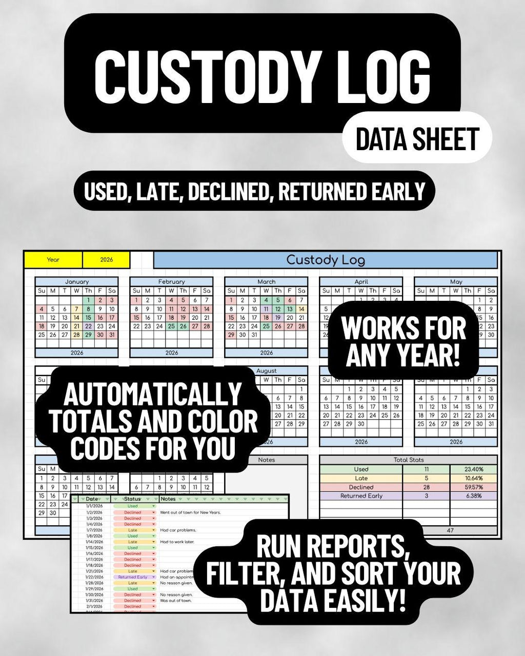 Custody Log Data Sheet- Works for Any Year!