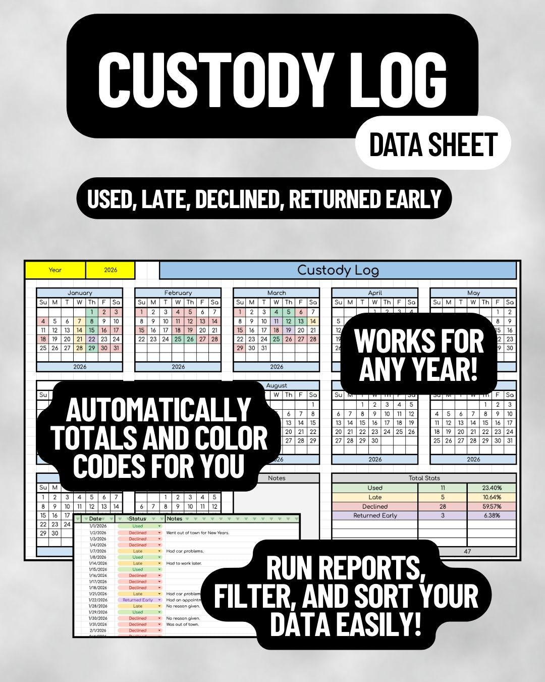 Custody Log Data Sheet- Works for Any Year!
