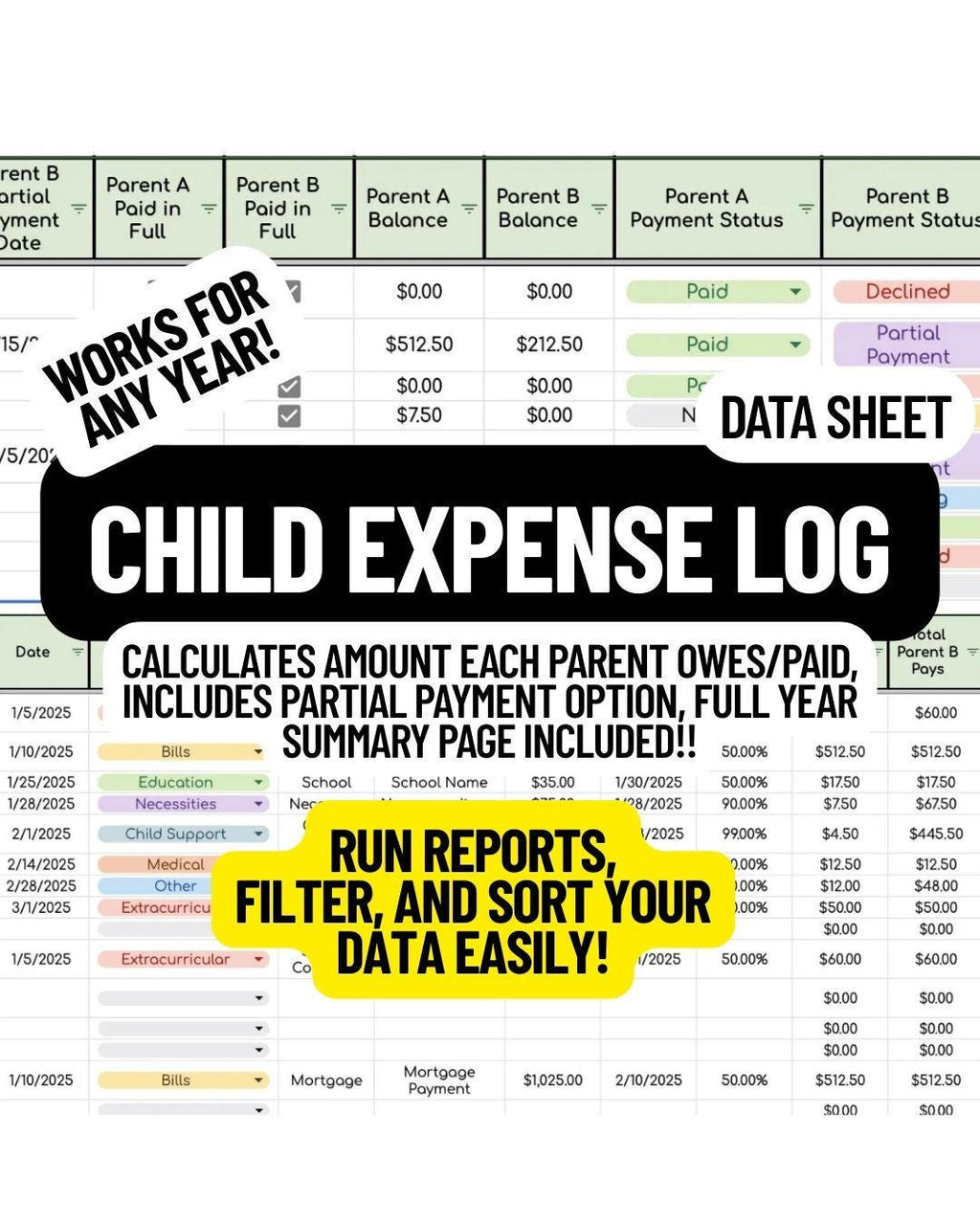 Child Expense Log Data Sheet- Works for Any Year!