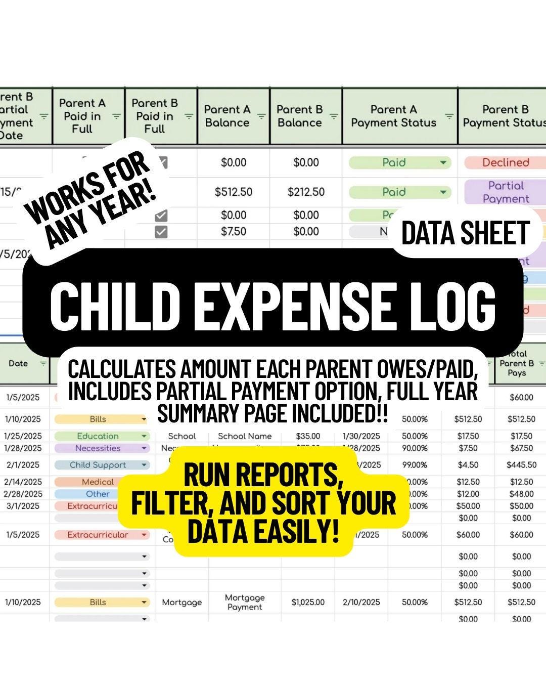 Child Expense Log Data Sheet- Works for Any Year!