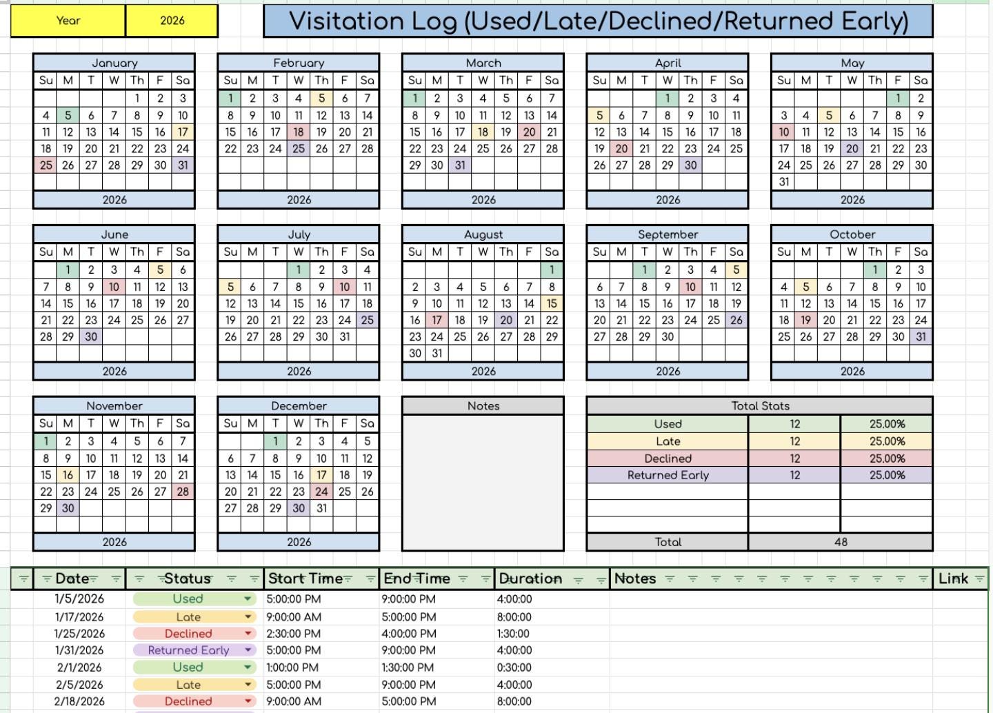 Visitation Log Data Sheet- Works for Any Year!