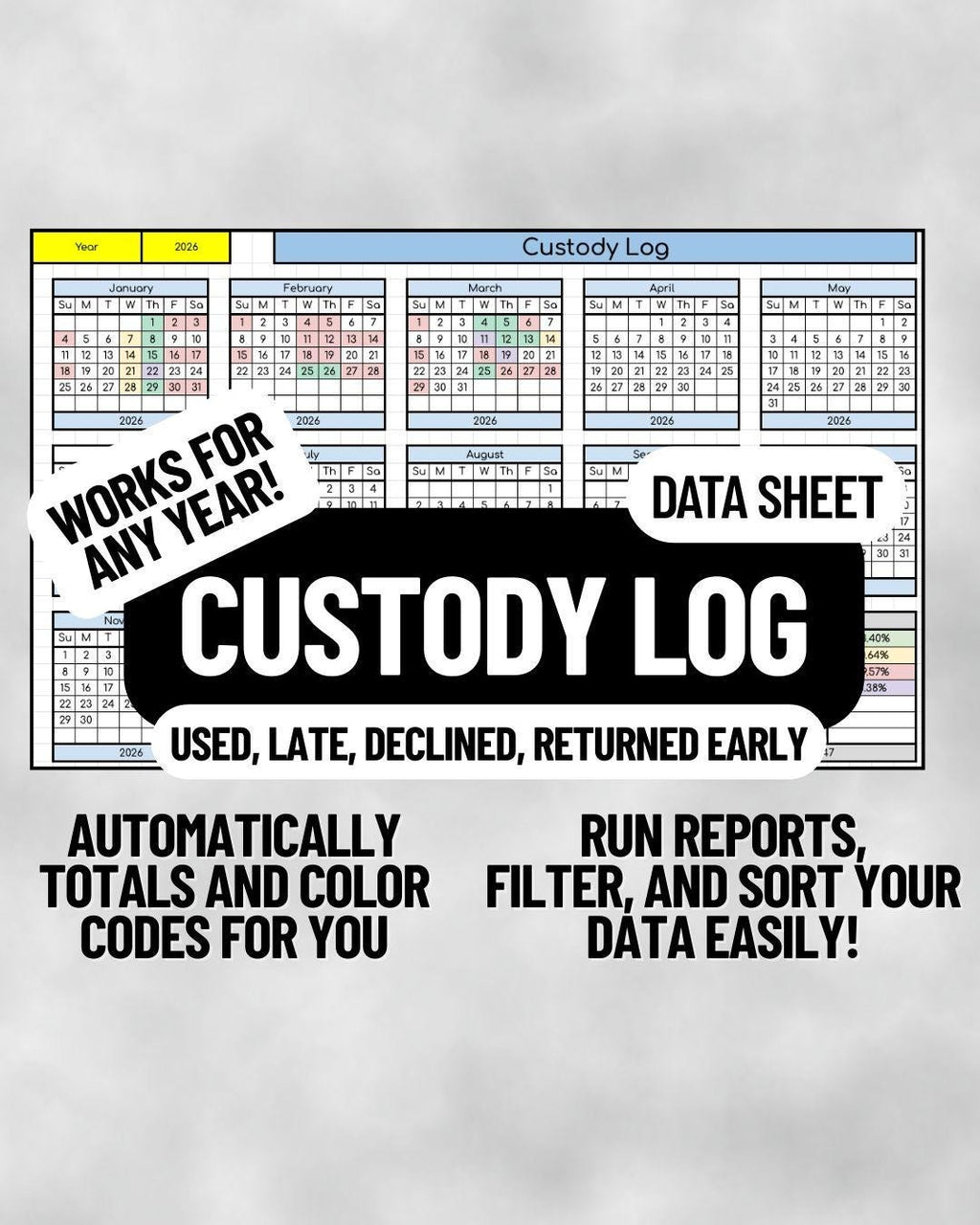 Custody Log Data Sheet- Works for Any Year!