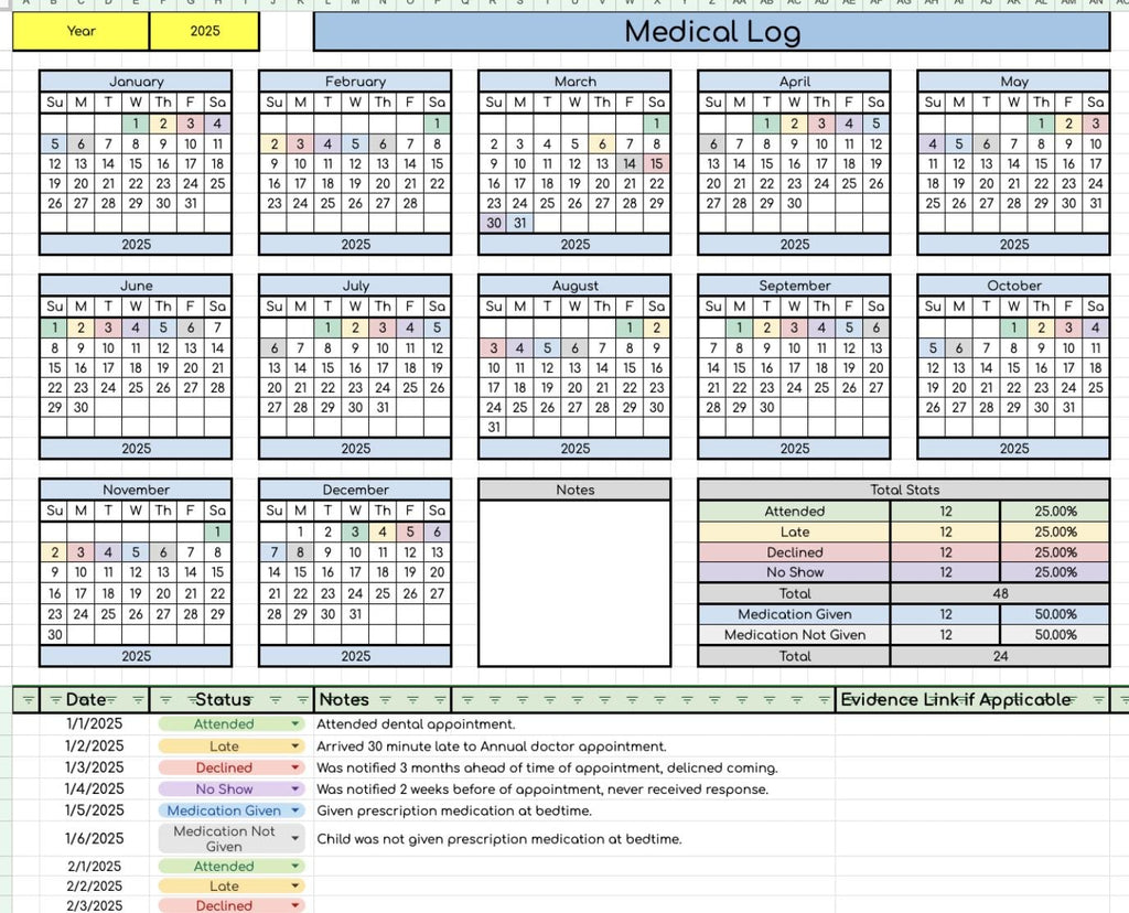 Medical Log Data Sheet- Works for Any Year!
