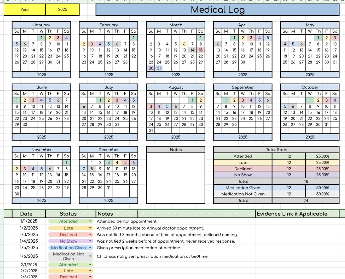 Medical Log Data Sheet- Works for Any Year!