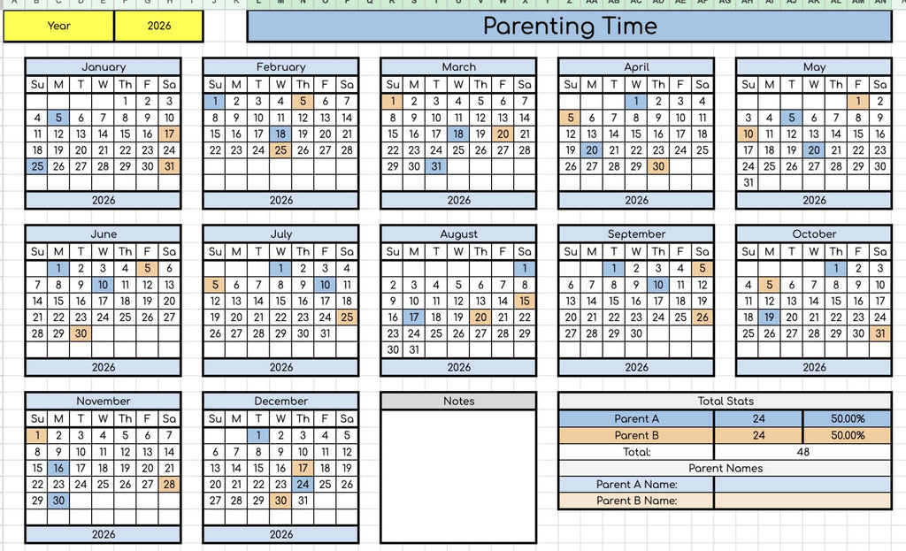 Parenting Time Log Data Sheet- Works for Any Year!