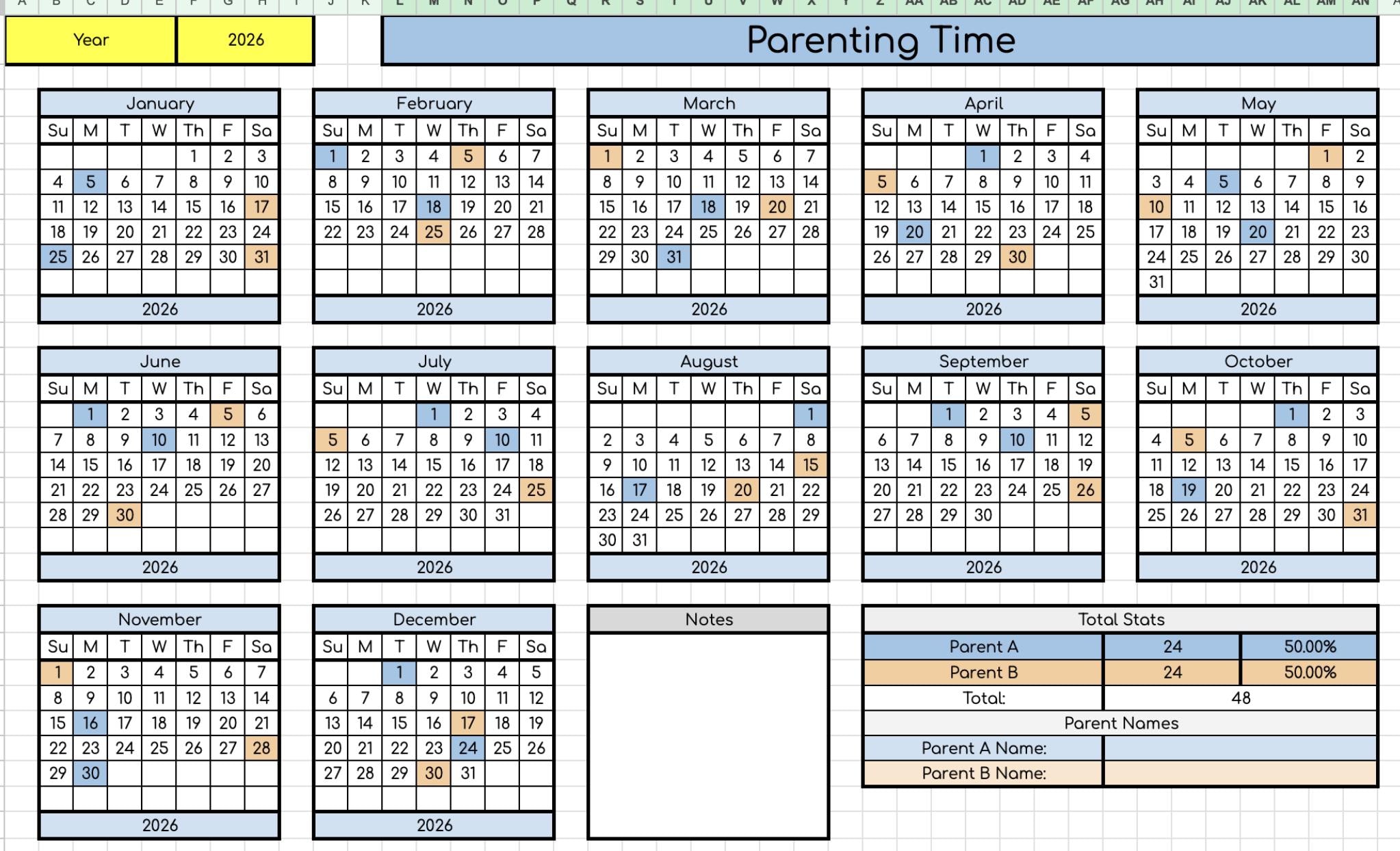 Parenting Time Log Data Sheet- Works for Any Year!