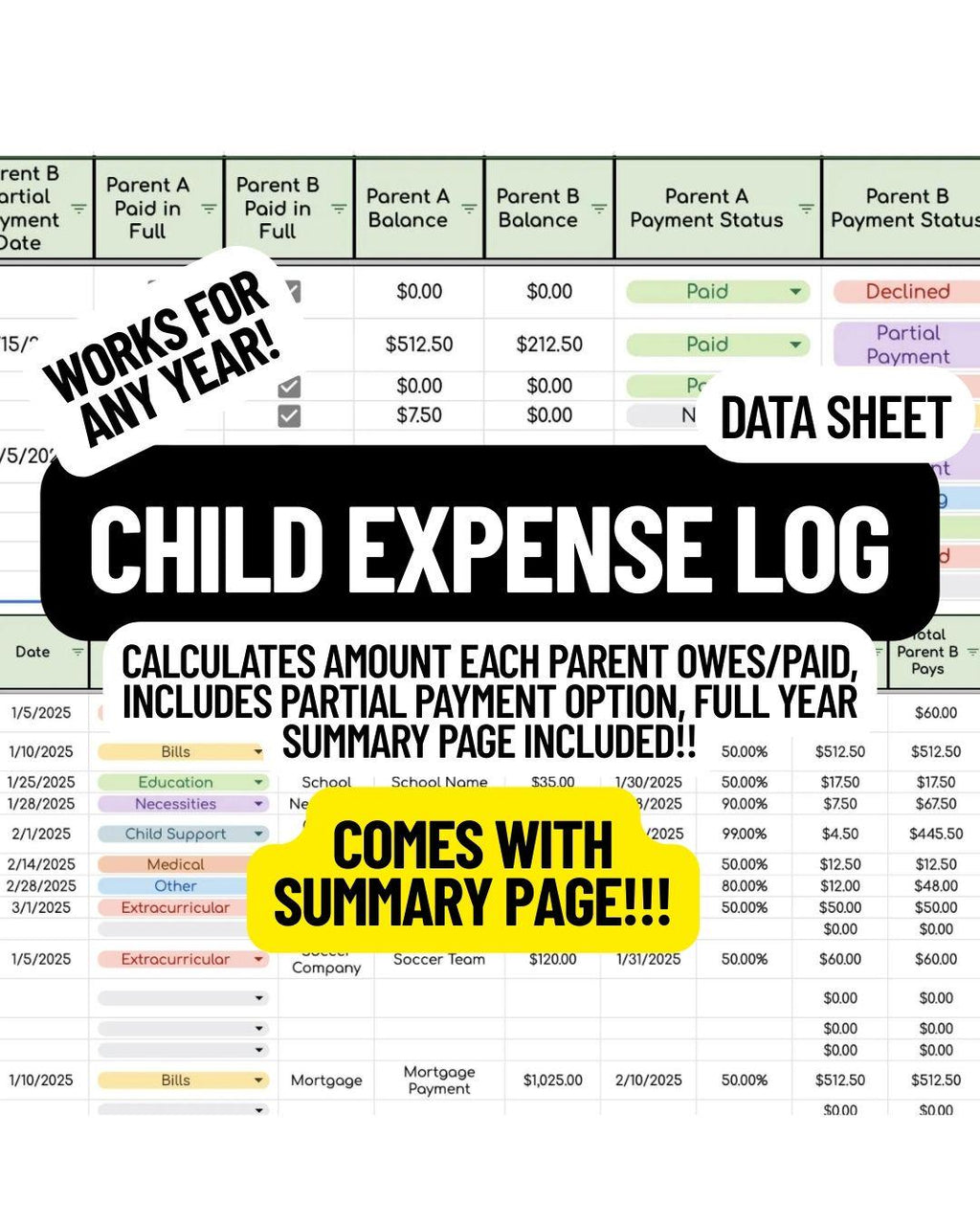 Child Expense Log Data Sheet- Works for Any Year!