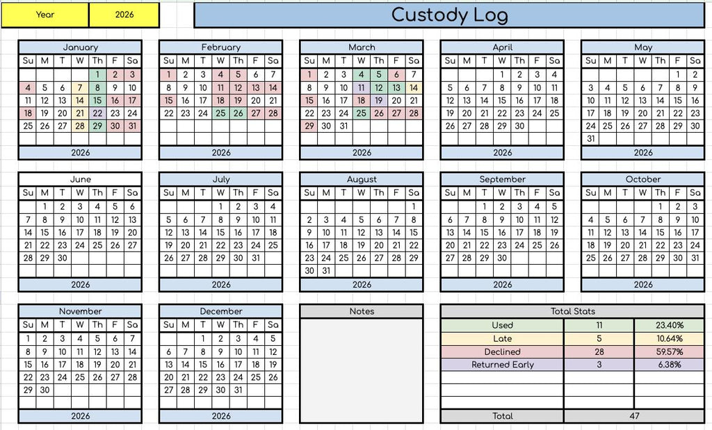 Custody Log Data Sheet- Works for Any Year!