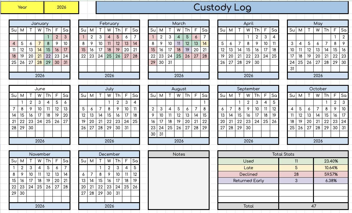 Custody Log Data Sheet- Works for Any Year!
