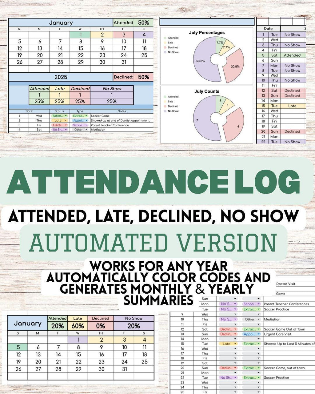 AUTOMATED Attendance Log with Monthly/Yearly Summary Sheets