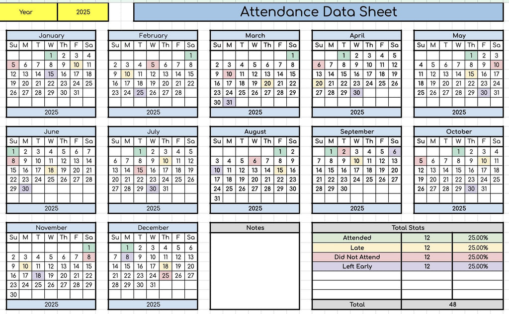 Attendance Log Data Sheet- Works for Any Year!