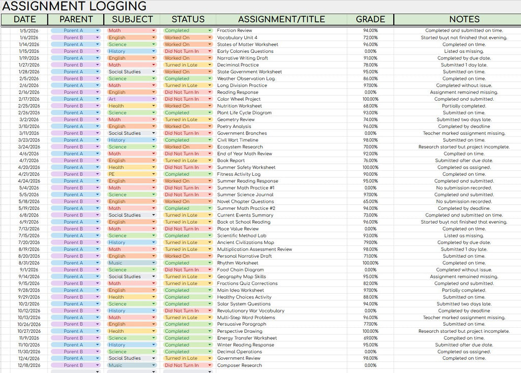 Homework Log Data Sheet