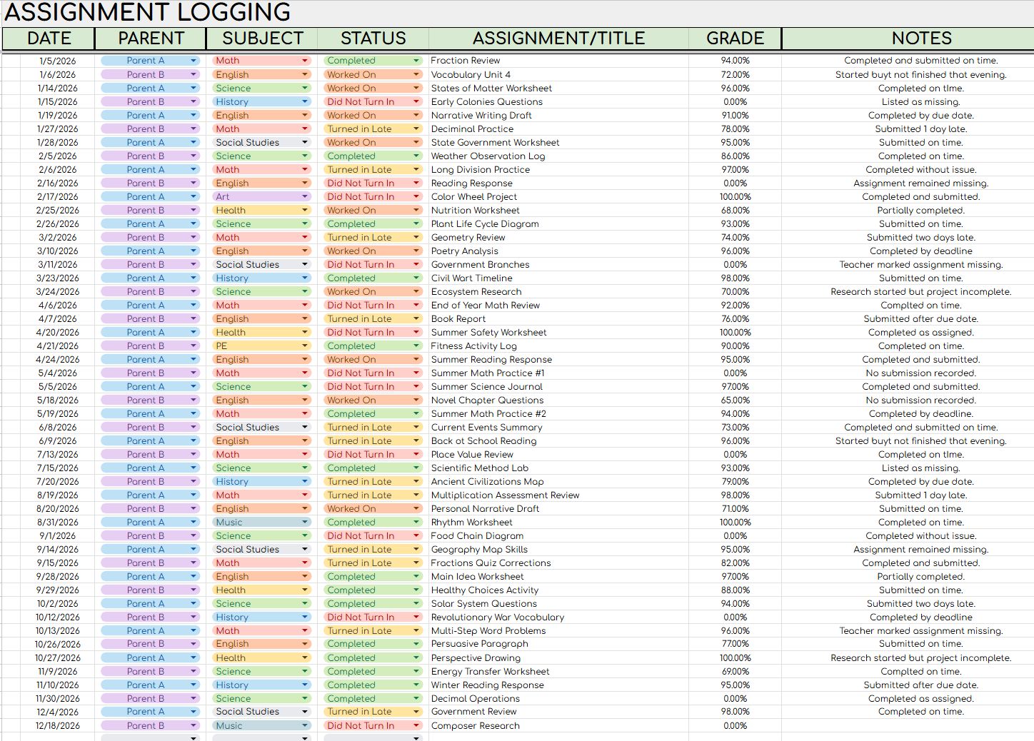 Homework Log Data Sheet