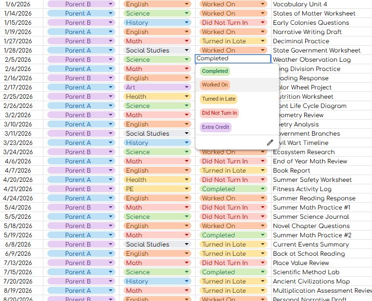 Homework Log Data Sheet