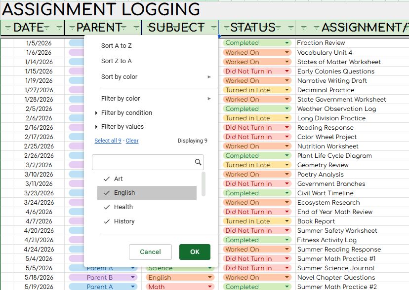 Homework Log Data Sheet