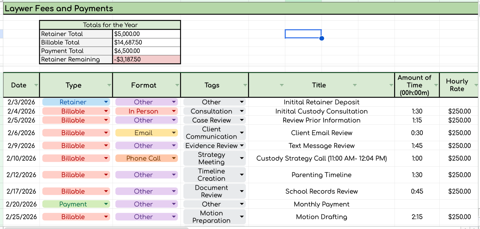 Lawyer Fees & Payments Tracker Spreadsheet