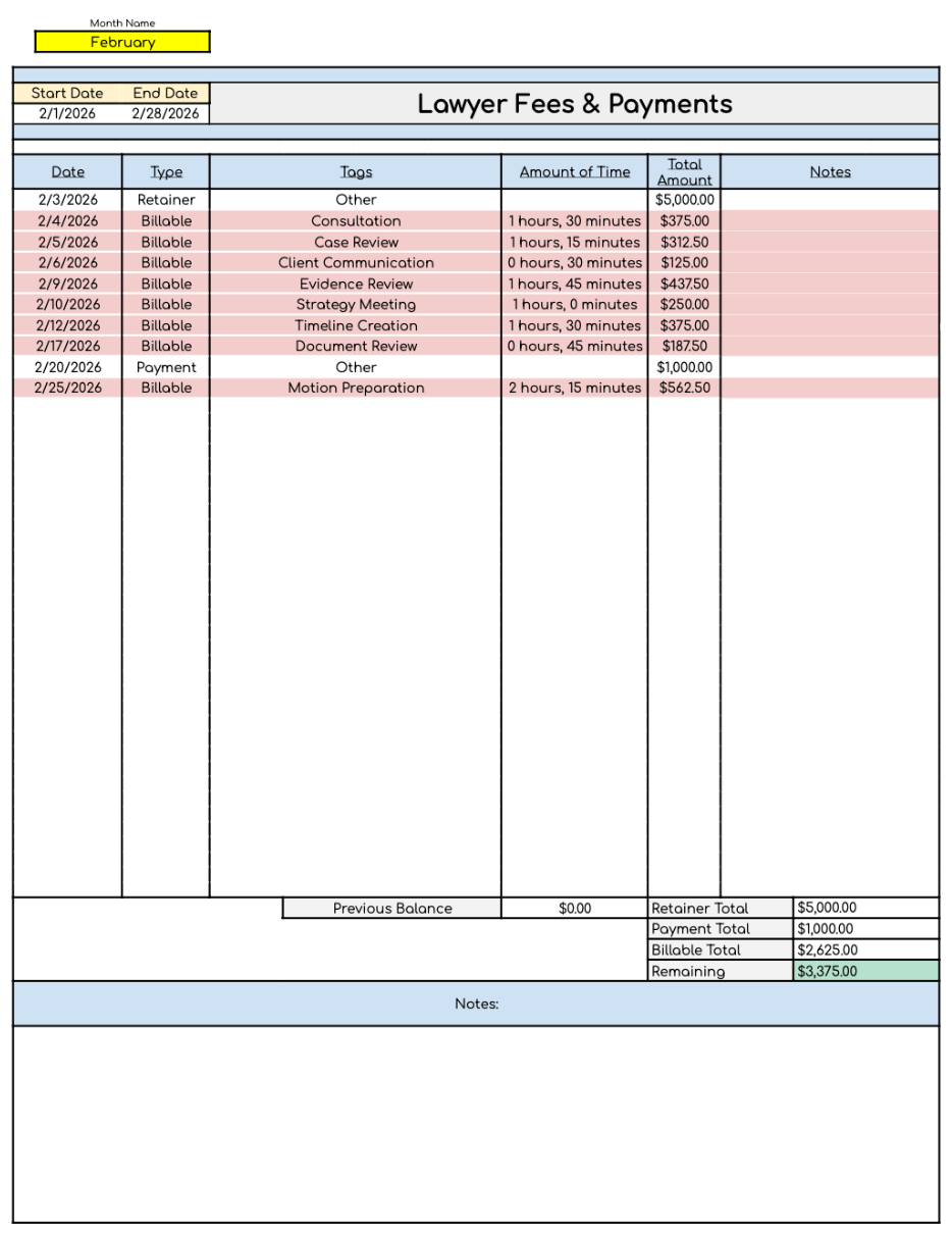 Lawyer Fees & Payments Tracker Spreadsheet