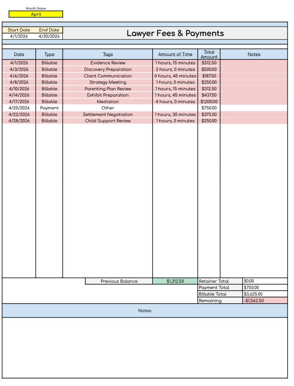 Lawyer Fees & Payments Tracker Spreadsheet