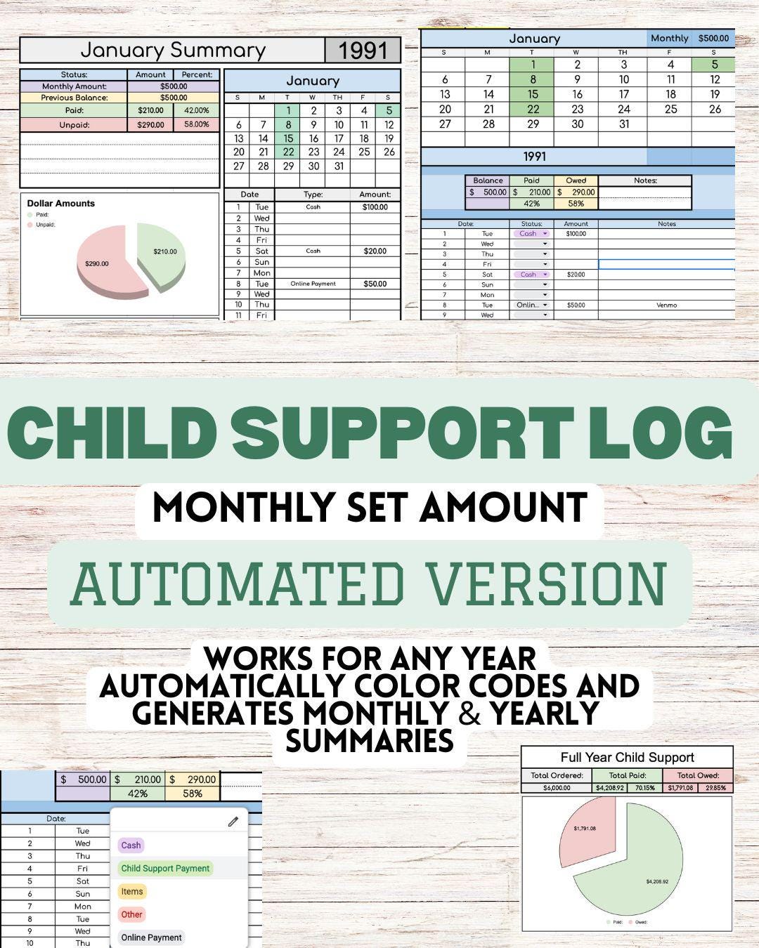 AUTOMATED Child Support Log with Monthly/Yearly Summary Sheets