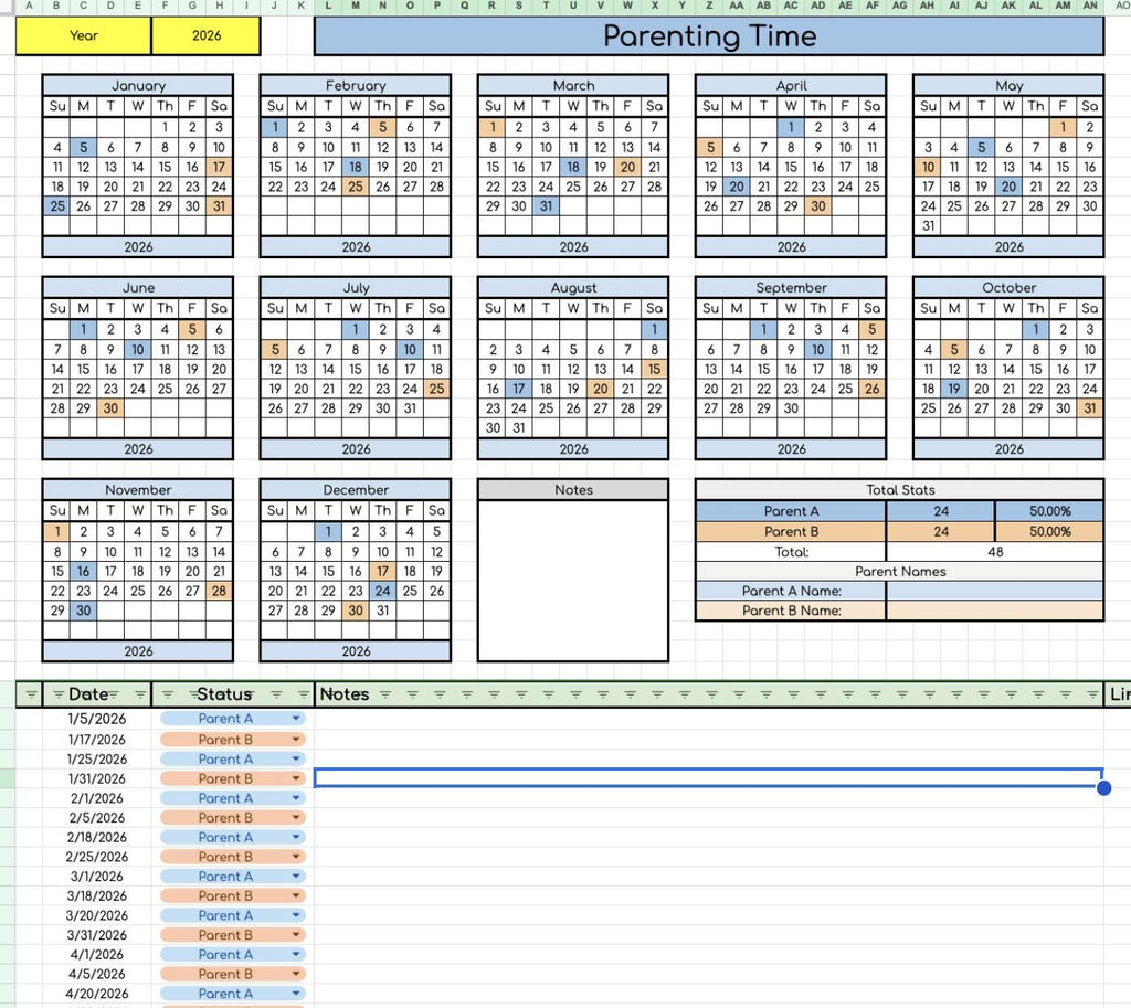 Parenting Time Log Data Sheet- Works for Any Year!