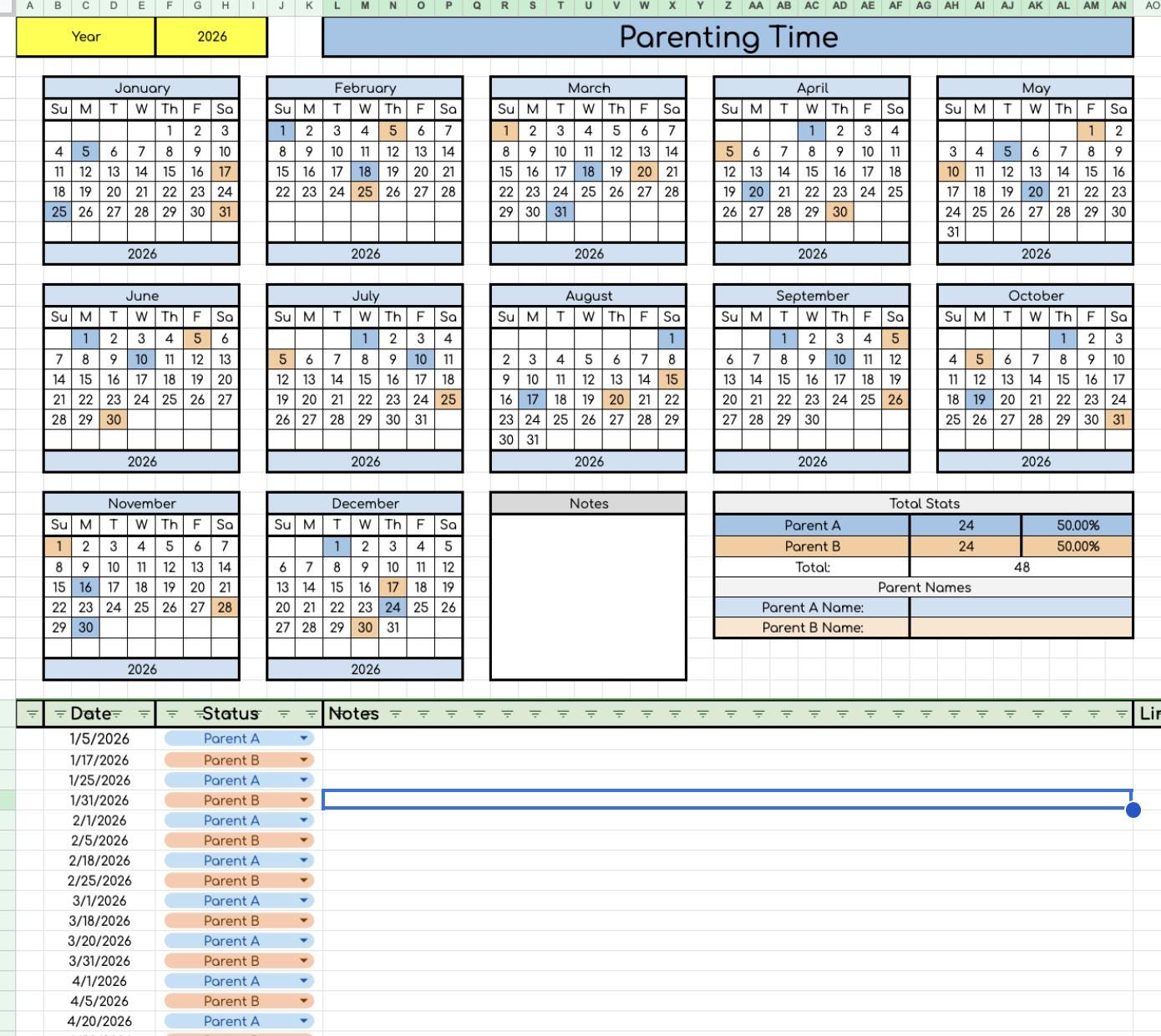 Parenting Time Log Data Sheet- Works for Any Year!