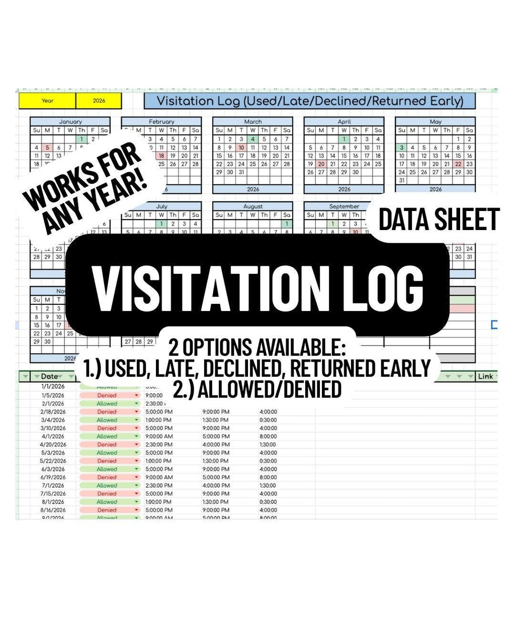 Visitation Log Data Sheet- Works for Any Year!