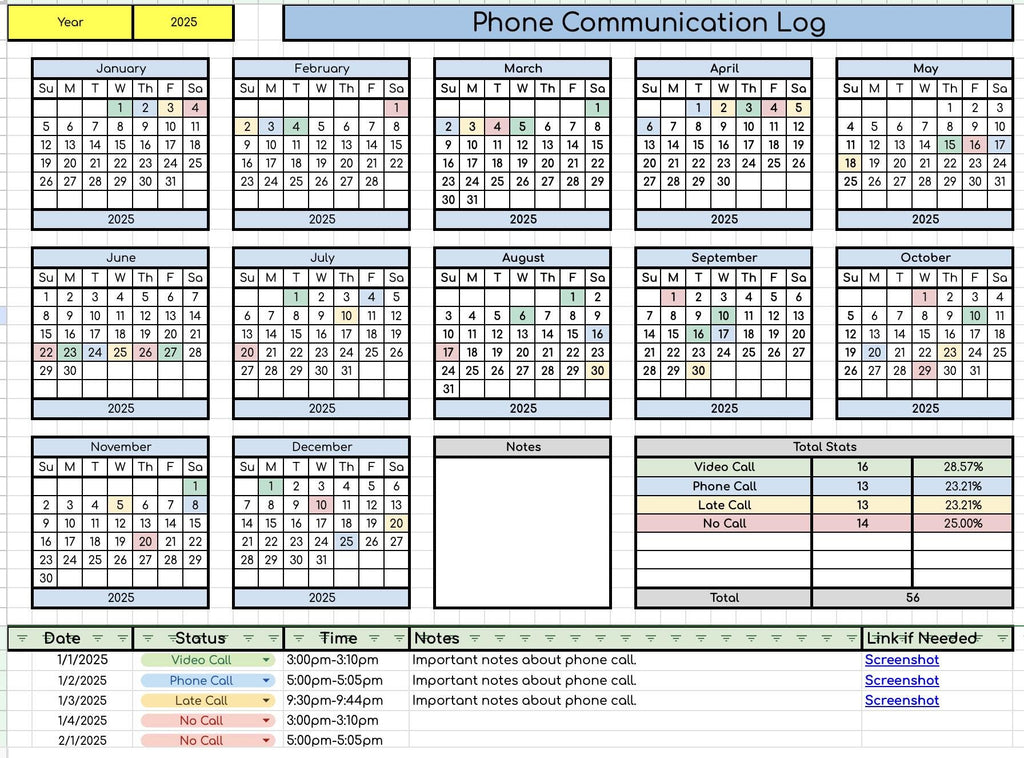 Phone Log Data Sheet- Works for Any Year!