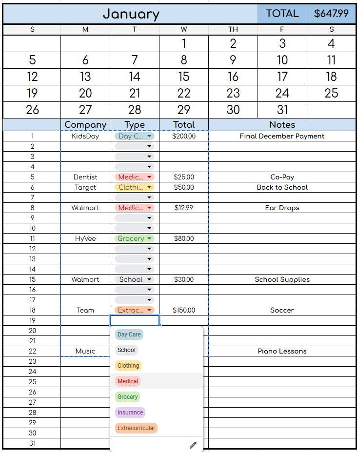 BYOB: Child Expenses Log 2025