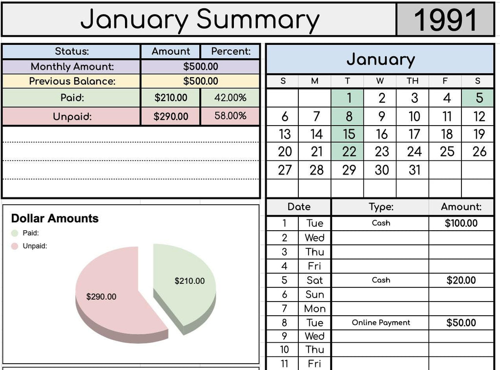 AUTOMATED Child Support Log with Monthly/Yearly Summary Sheets
