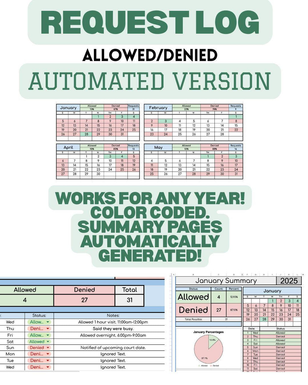 Coparenting Calendar: Auto-Color Coding, Monthly Summaries (Google Sheets Digital Download)