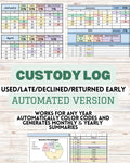 AUTOMATED Custody Log with Monthly/Yearly Summary Sheets