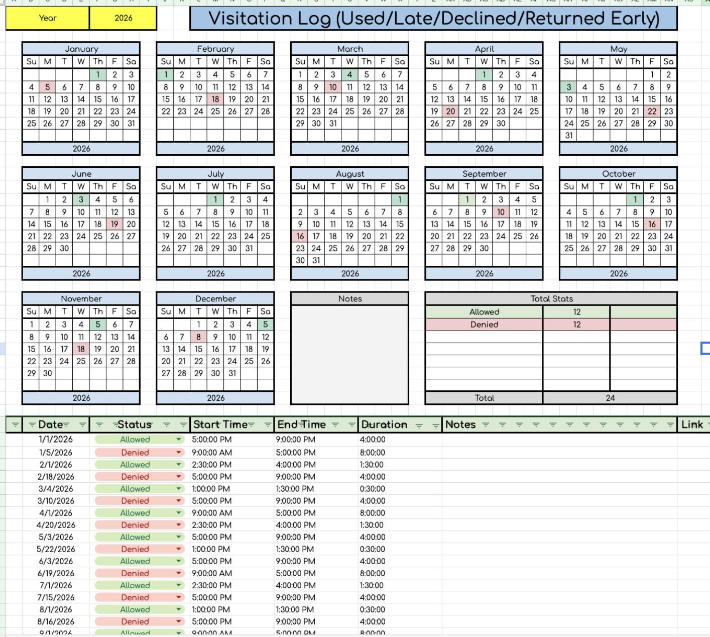 Visitation Log Data Sheet- Works for Any Year!