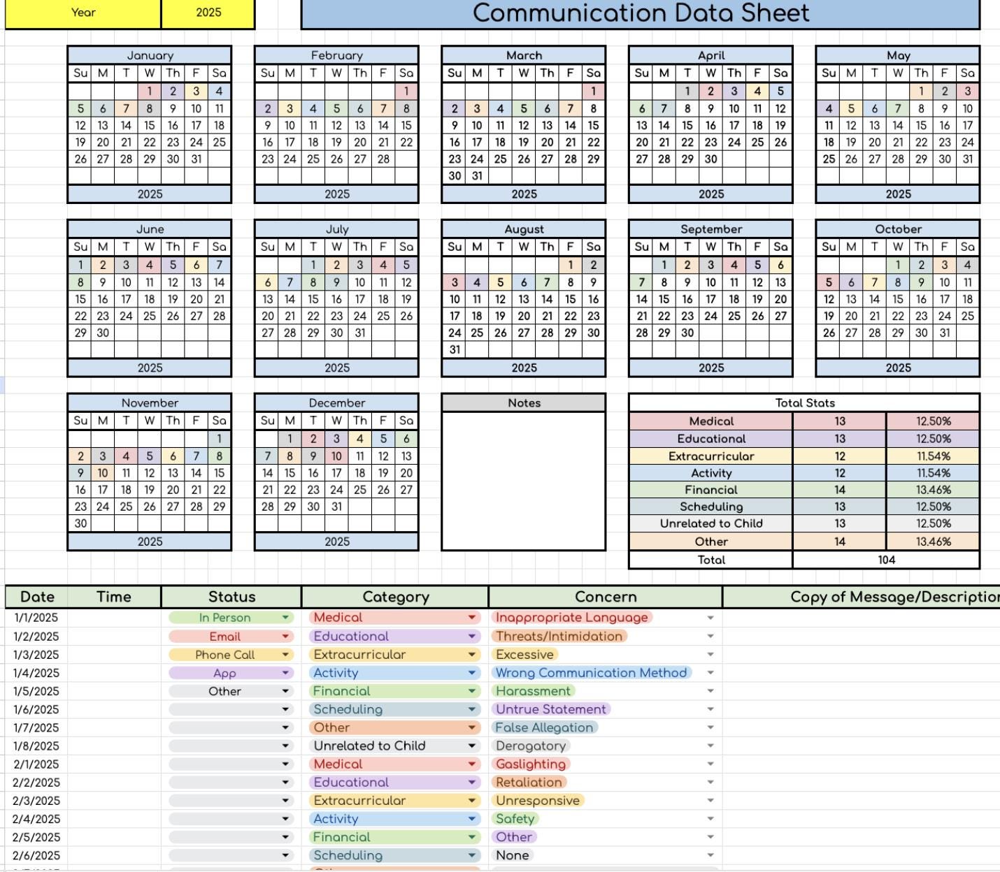 Communication Log Data Sheet- Works for Any Year!