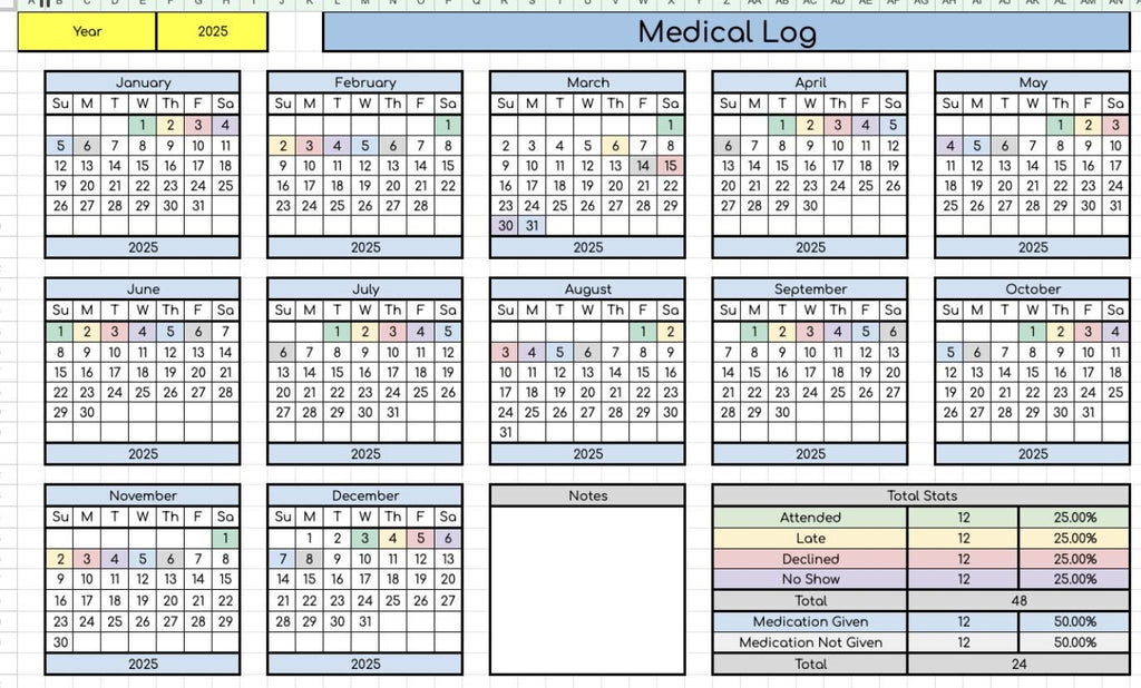 Medical Log Data Sheet- Works for Any Year!