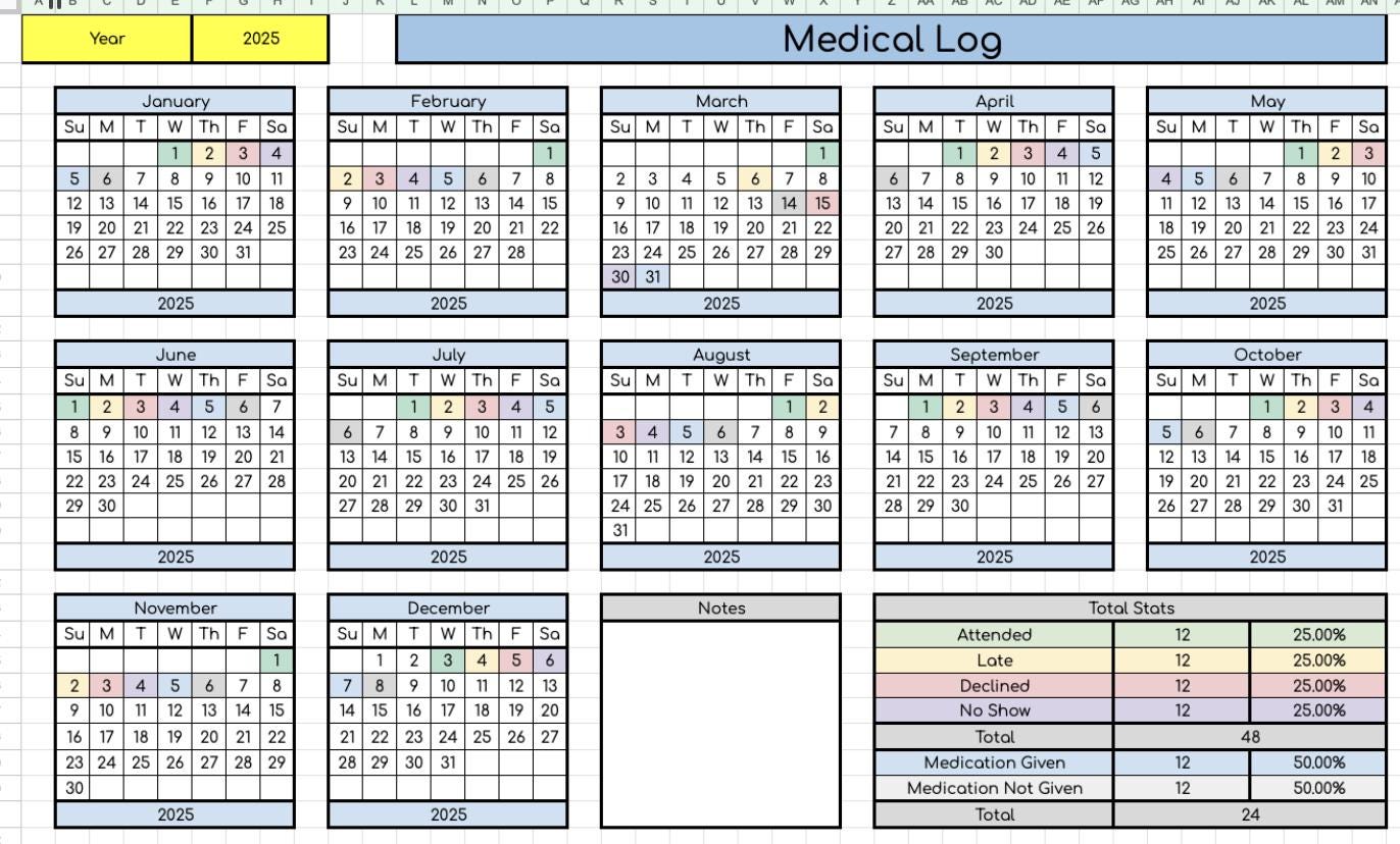 Medical Log Data Sheet- Works for Any Year!