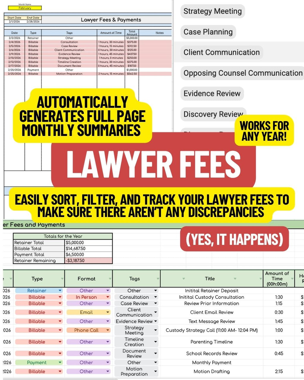 Lawyer Fees & Payments Tracker Spreadsheet